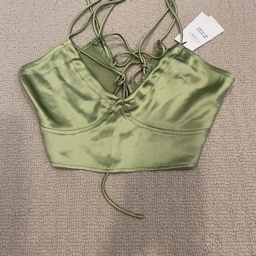 Green Satin Lace-Up Top